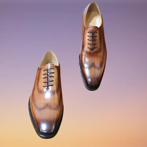 Handmade Tan Wing Tip Brogue Dress Shoes for Men