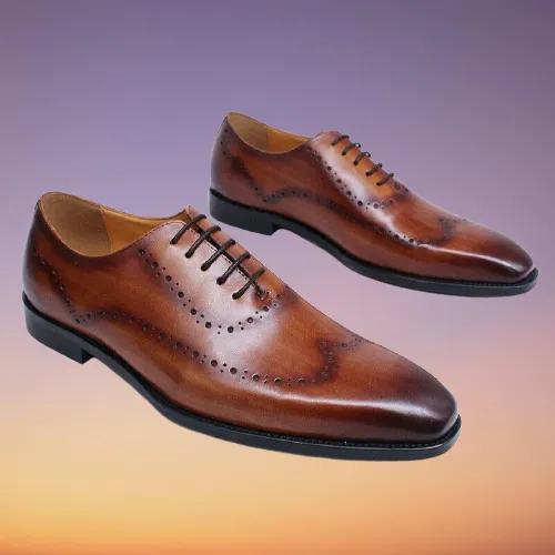 Handmade Tan Wing Tip Brogue Dress Shoes for Men