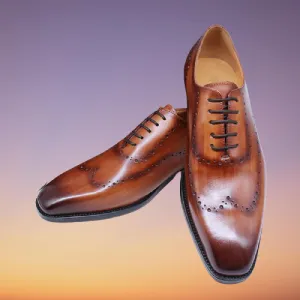 Handmade Tan Wing Tip Brogue Dress Shoes for Men
