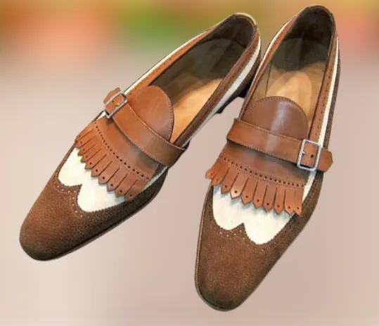 Handmade Two Tone Fringe Monk Shoes for Men