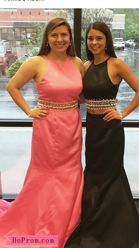 Mermaid Halter Two Piece Pink Prom Dresses Pageant Dress Gown Evening Gown Pearls Beads
