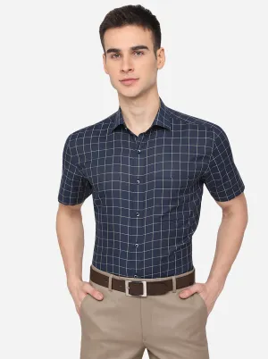 Navy Blue Checked Regular Fit Formal Shirt | Greenfibre