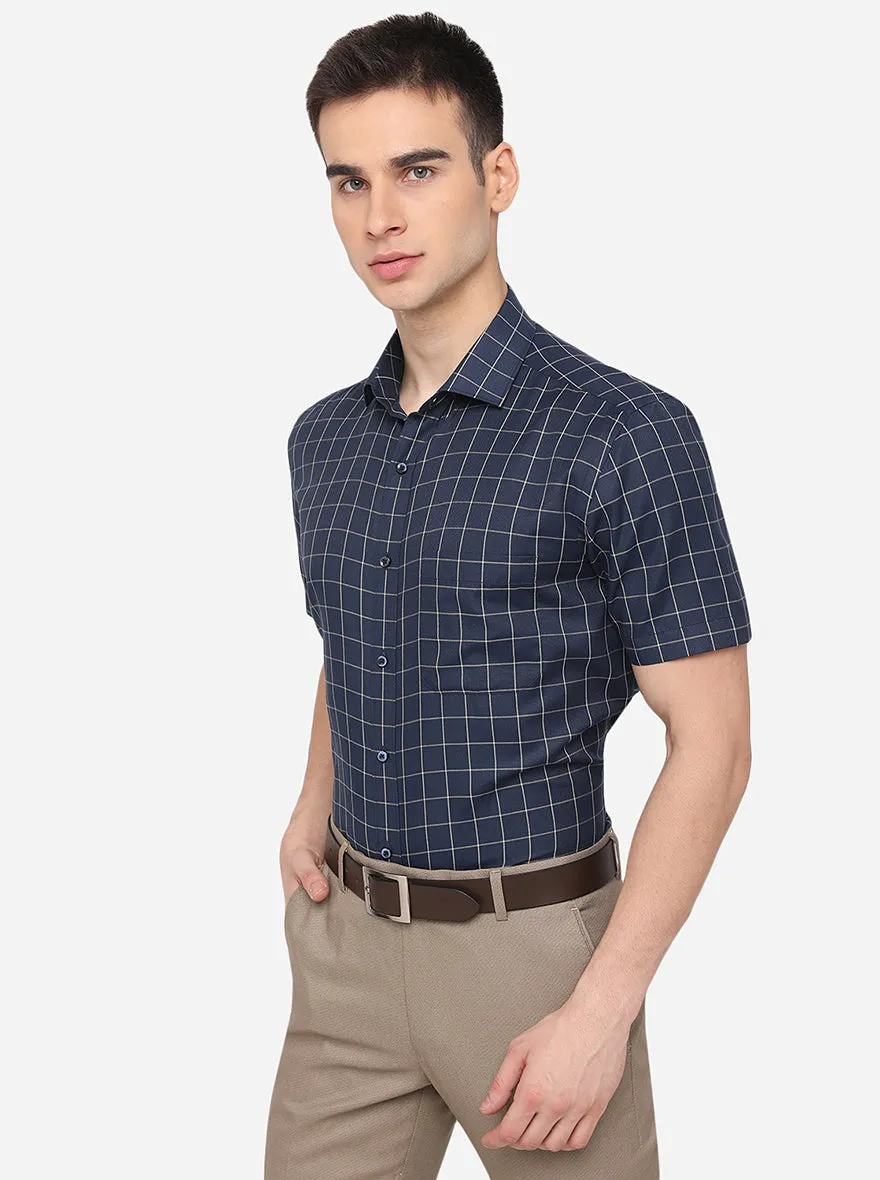 Navy Blue Checked Regular Fit Formal Shirt | Greenfibre