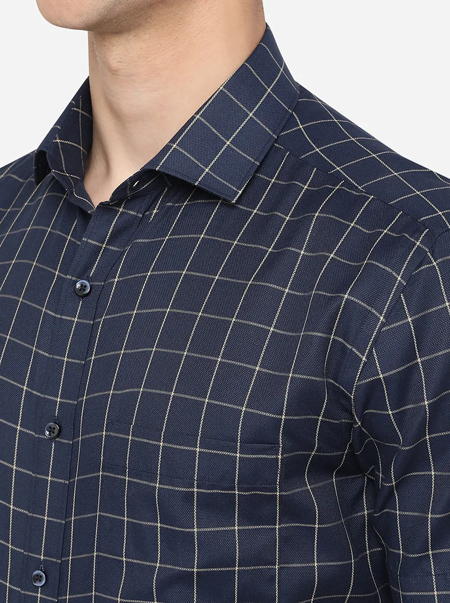 Navy Blue Checked Regular Fit Formal Shirt | Greenfibre
