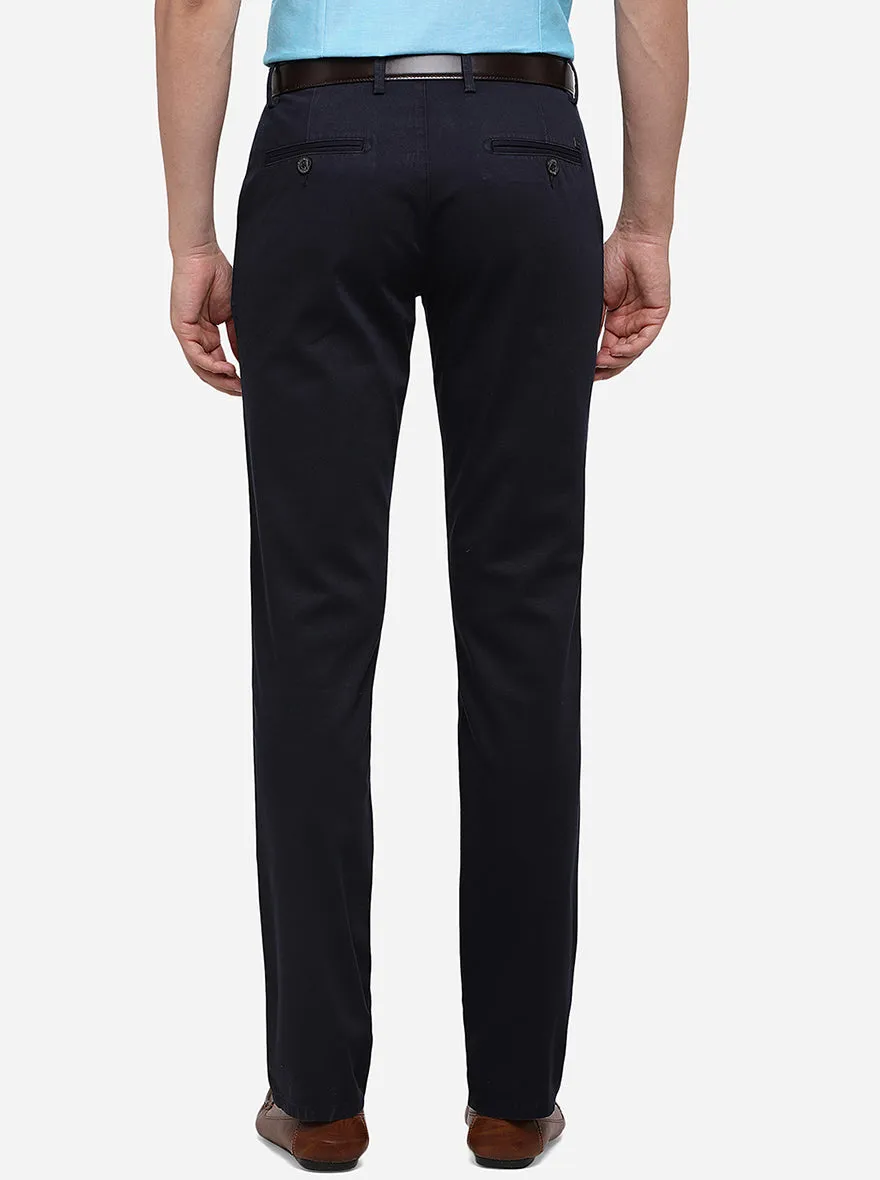 Navy Blue Solid Slim Fit Casual Trouser | JadeBlue