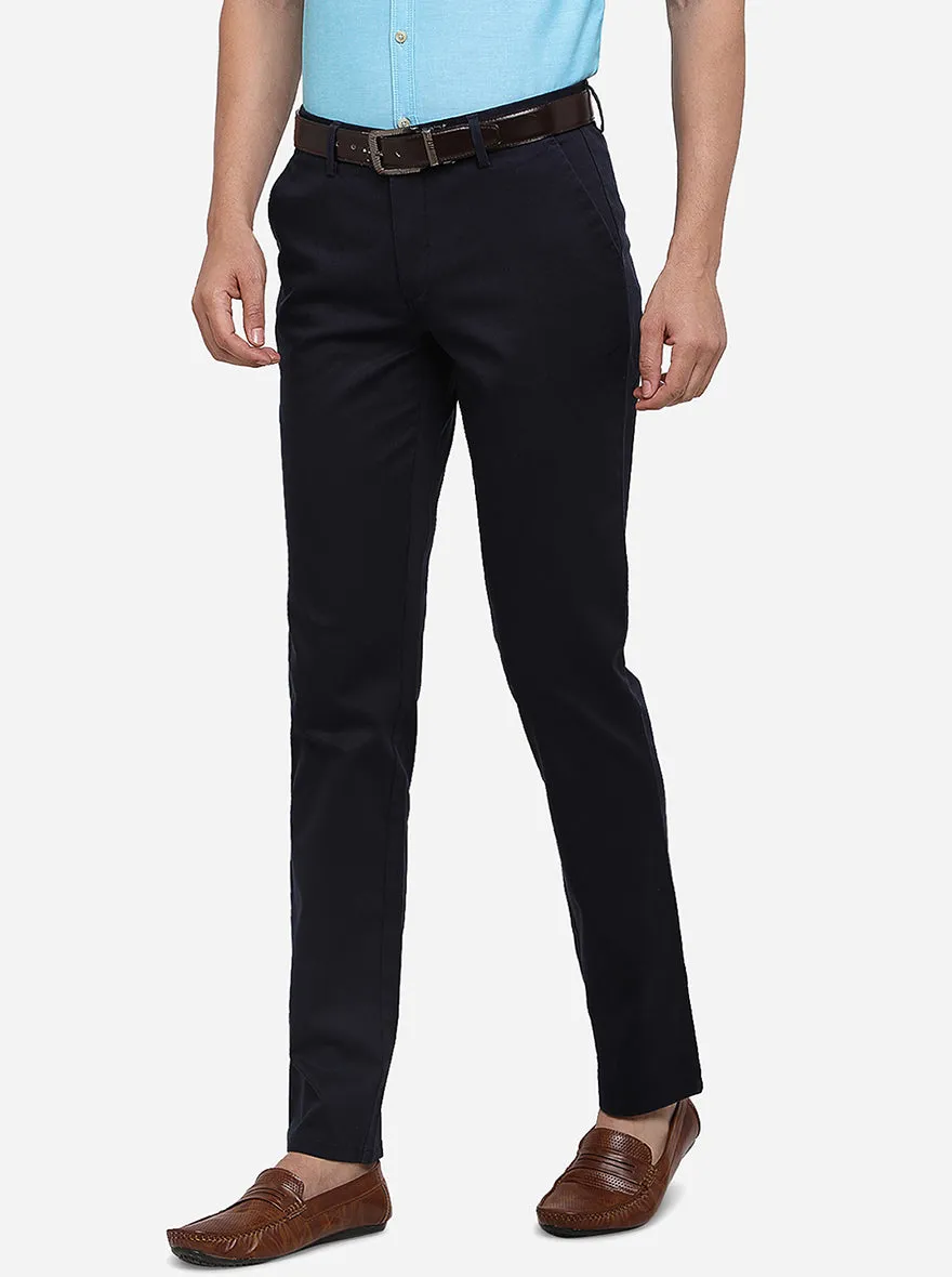Navy Blue Solid Slim Fit Casual Trouser | JadeBlue