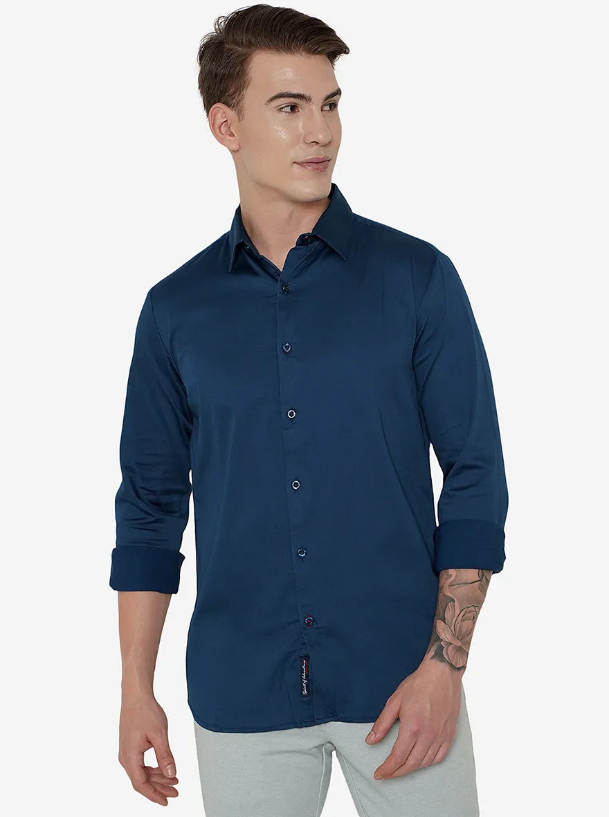 Navy Blue Solid Slim Fit Semi Casual Shirt | JadeBlue