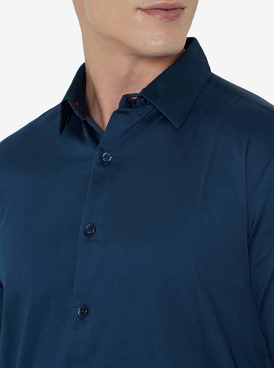 Navy Blue Solid Slim Fit Semi Casual Shirt | JadeBlue