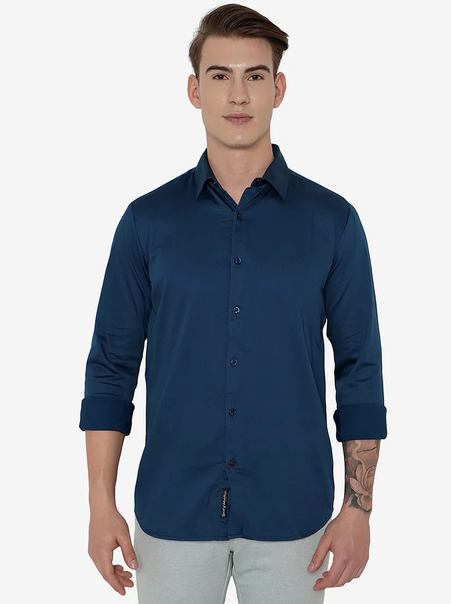Navy Blue Solid Slim Fit Semi Casual Shirt | JadeBlue