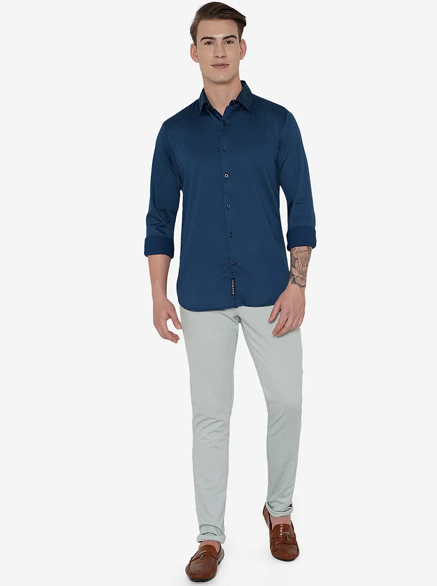 Navy Blue Solid Slim Fit Semi Casual Shirt | JadeBlue