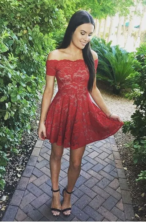 Red Full Lace Off Shoulder Short Sleeve Homecoming Dresses