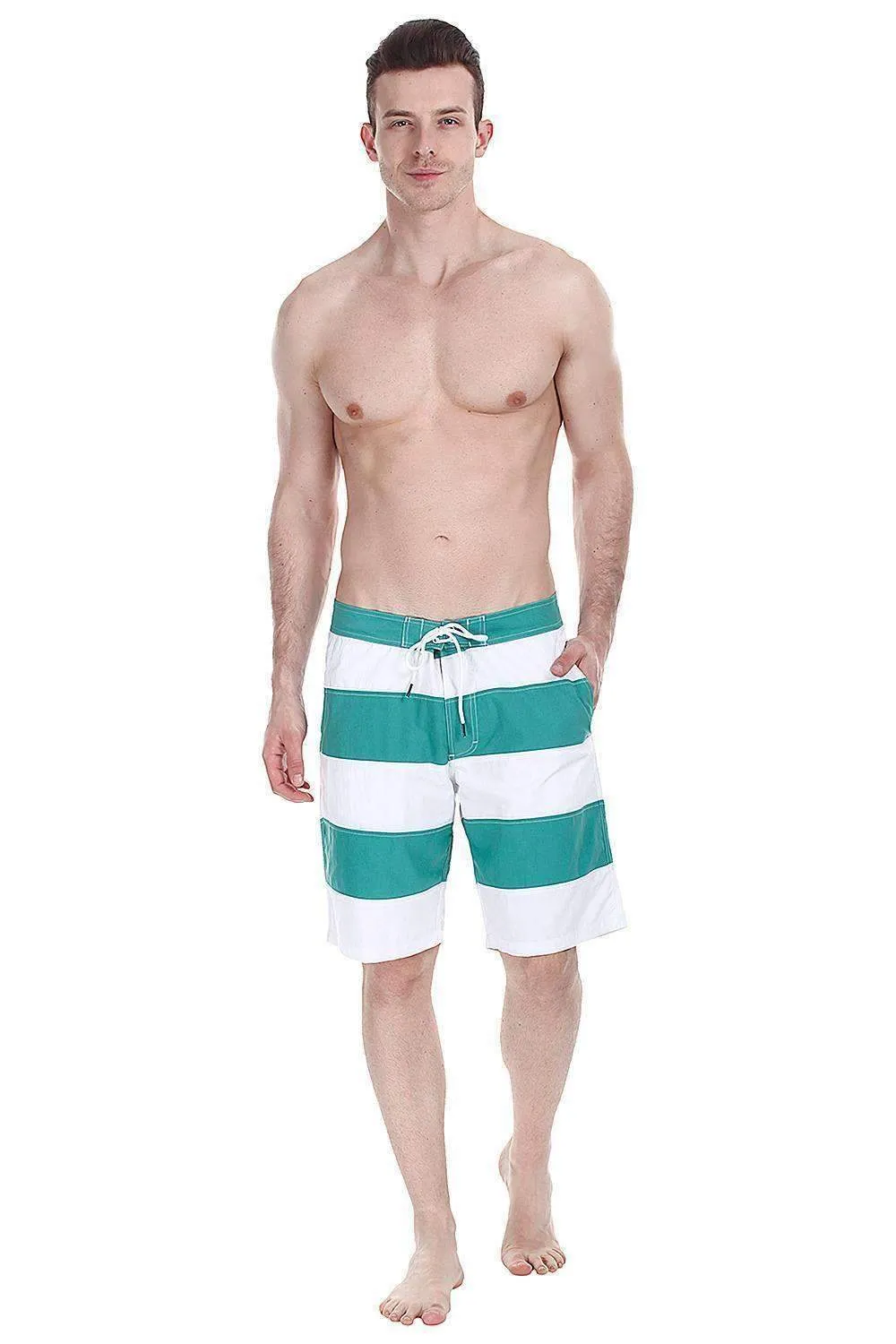 Stripe Colorblock Quick Dry Nylon Swim Board Shorts