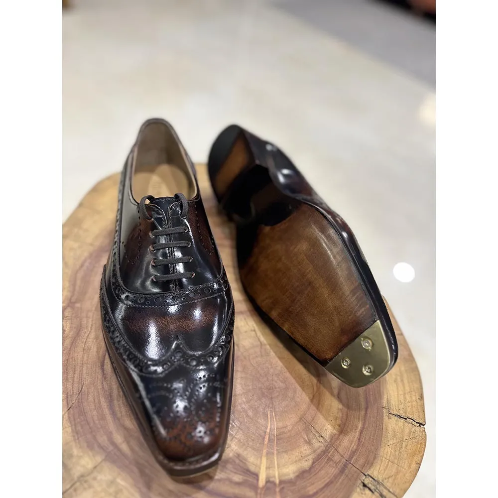 Tan Brushed Calf Goodyear Welted Full Brogue Square Toe Oxford With Goodyear Welted Fiddle Back Sole   Metal Toe