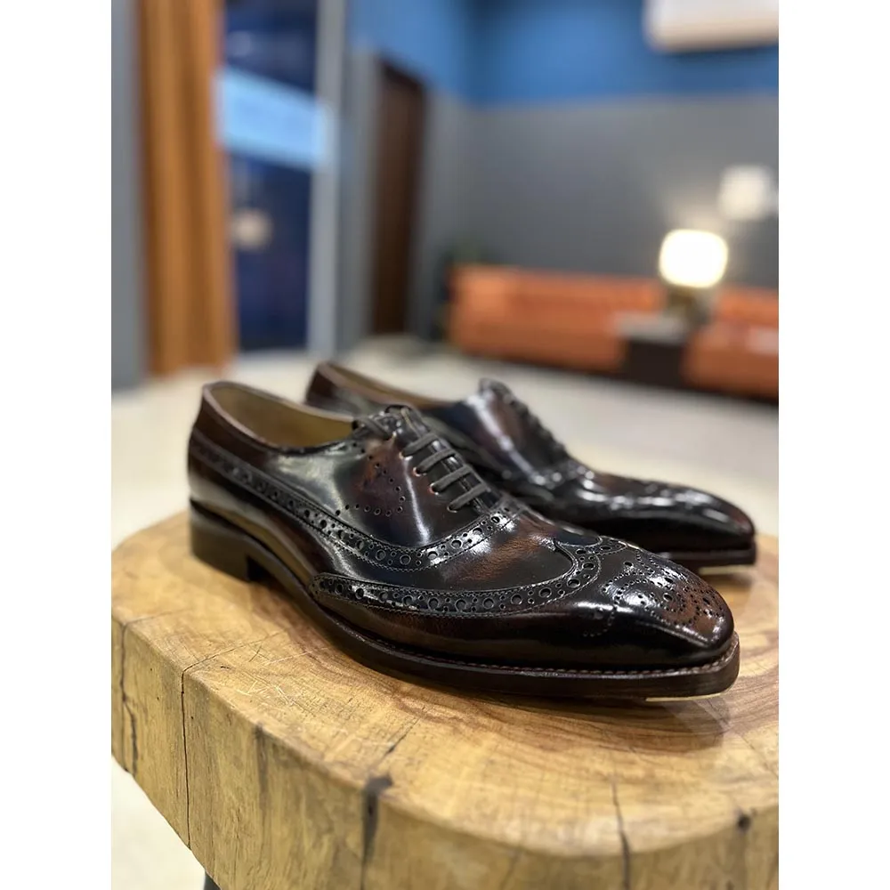 Tan Brushed Calf Goodyear Welted Full Brogue Square Toe Oxford With Goodyear Welted Fiddle Back Sole   Metal Toe