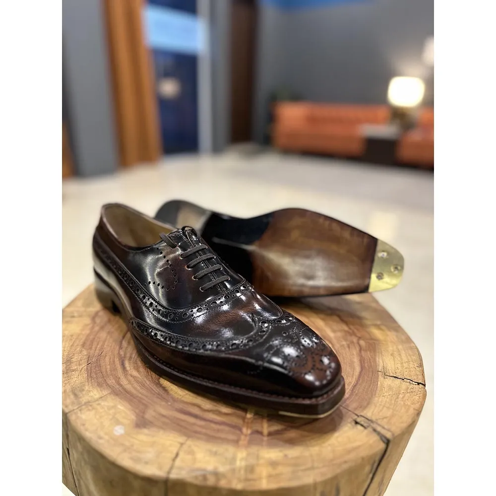Tan Brushed Calf Goodyear Welted Full Brogue Square Toe Oxford With Goodyear Welted Fiddle Back Sole   Metal Toe