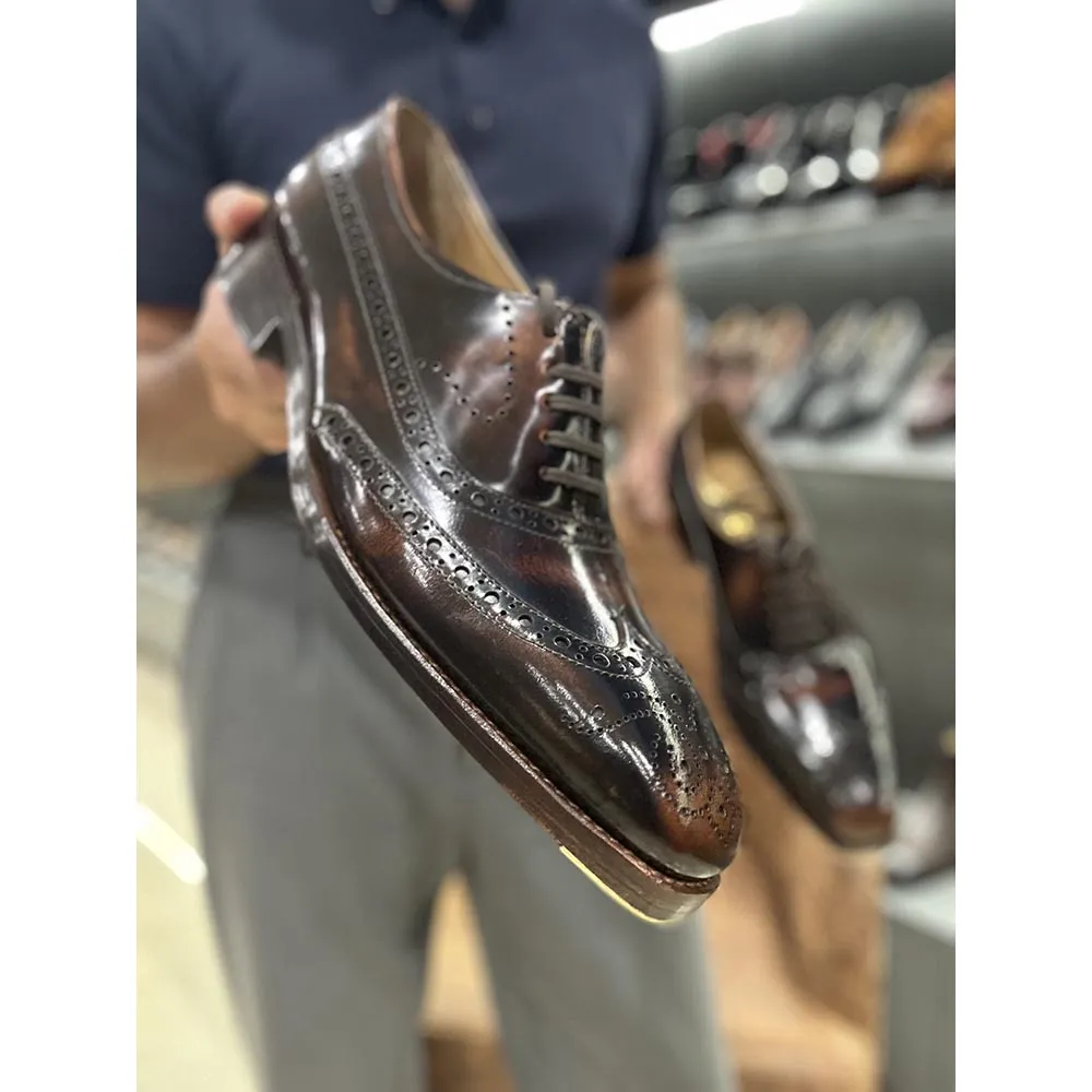 Tan Brushed Calf Goodyear Welted Full Brogue Square Toe Oxford With Goodyear Welted Fiddle Back Sole   Metal Toe