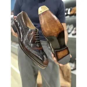Tan Brushed Calf Goodyear Welted Full Brogue Square Toe Oxford With Goodyear Welted Fiddle Back Sole   Metal Toe