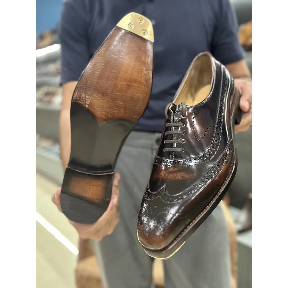 Tan Brushed Calf Goodyear Welted Full Brogue Square Toe Oxford With Goodyear Welted Fiddle Back Sole   Metal Toe