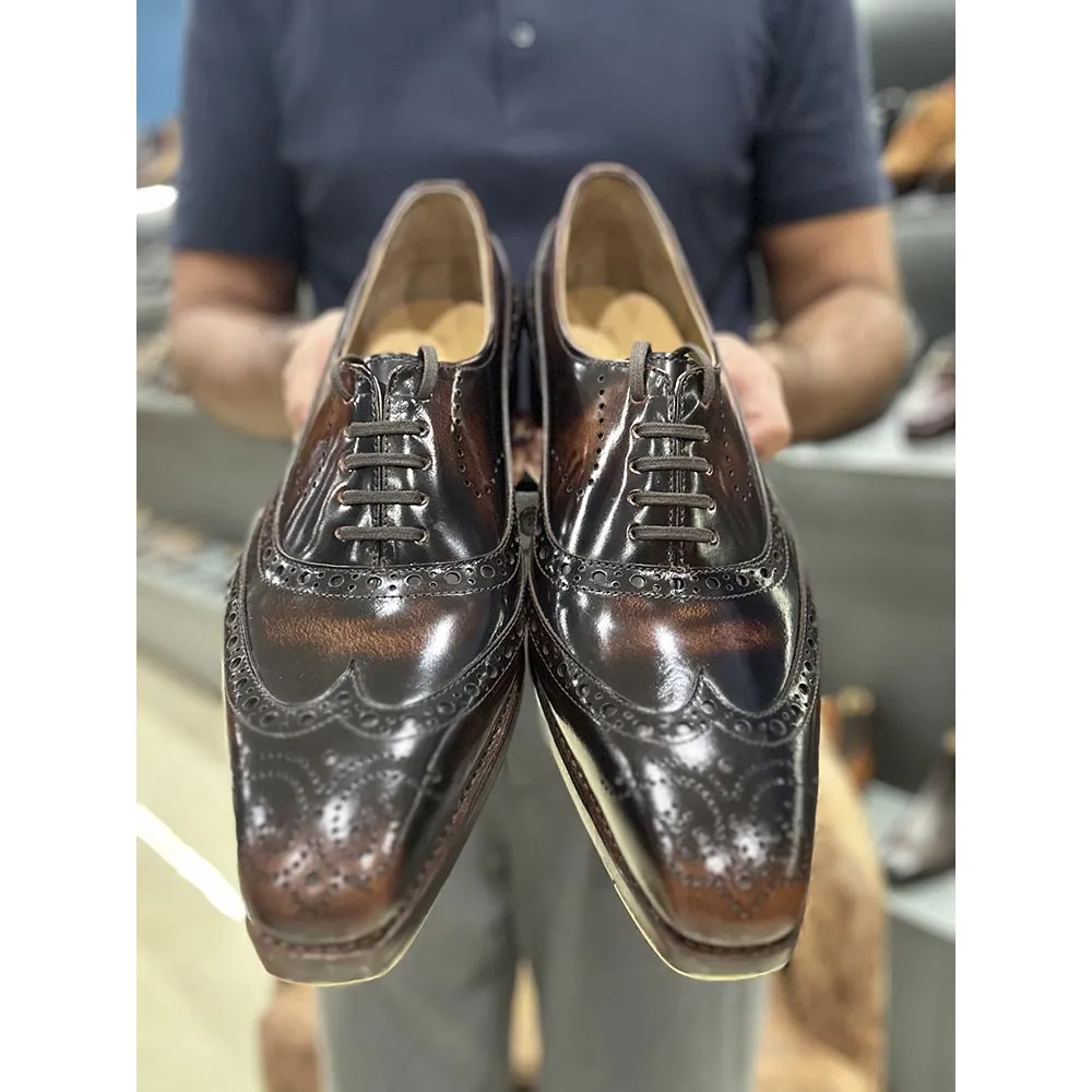 Tan Brushed Calf Goodyear Welted Full Brogue Square Toe Oxford With Goodyear Welted Fiddle Back Sole   Metal Toe