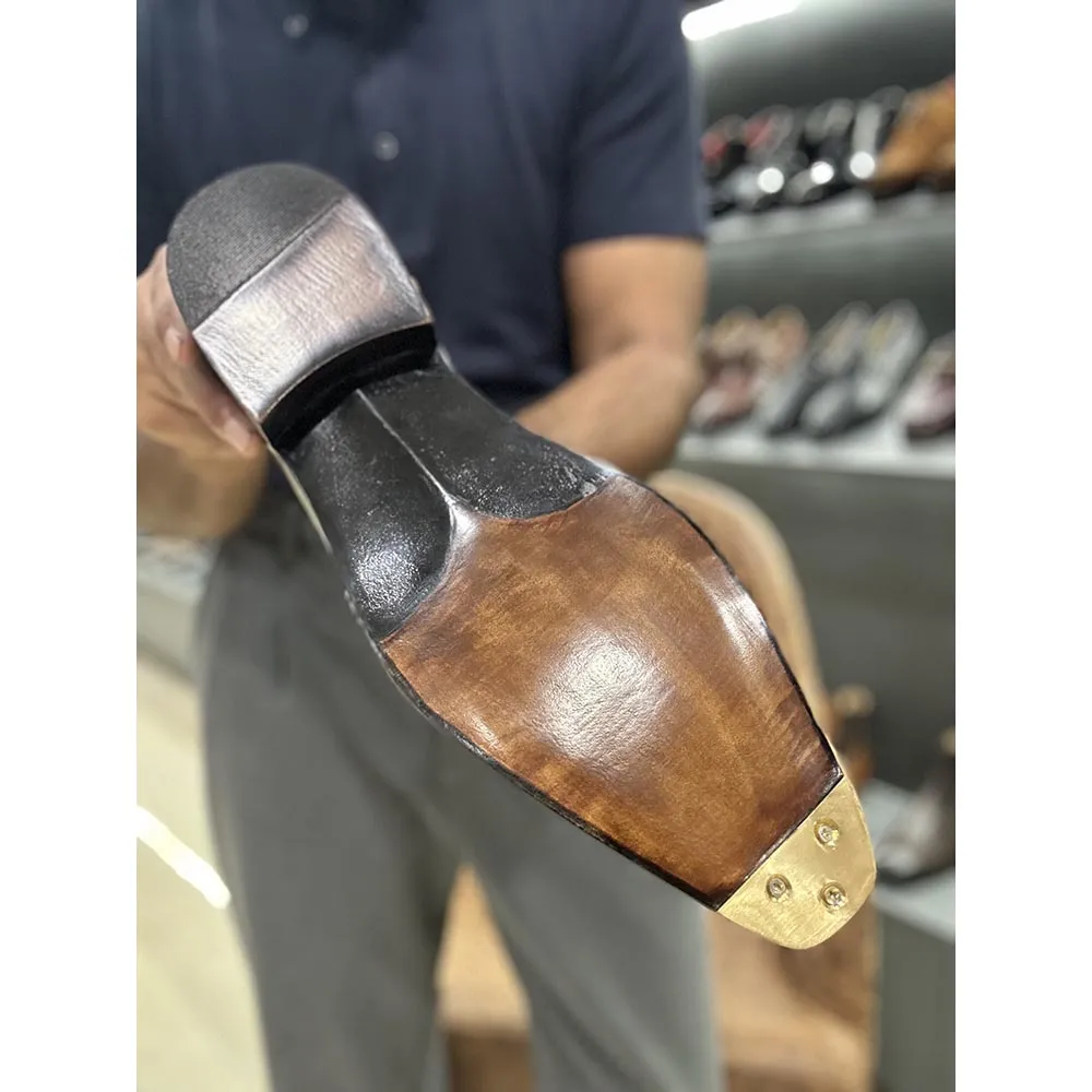 Tan Brushed Calf Goodyear Welted Full Brogue Square Toe Oxford With Goodyear Welted Fiddle Back Sole   Metal Toe