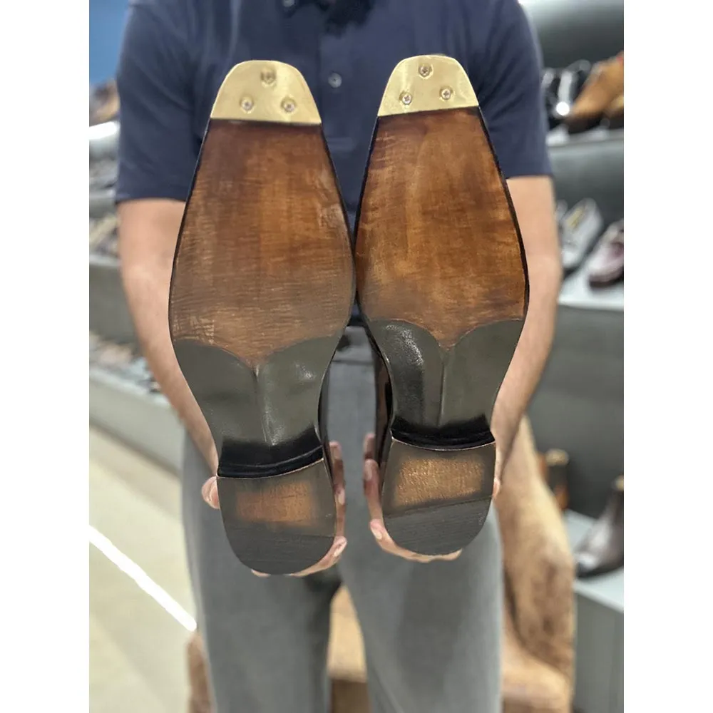Tan Brushed Calf Goodyear Welted Full Brogue Square Toe Oxford With Goodyear Welted Fiddle Back Sole   Metal Toe