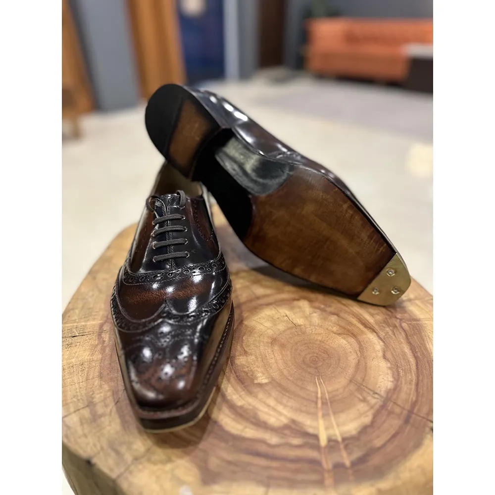 Tan Brushed Calf Goodyear Welted Full Brogue Square Toe Oxford With Goodyear Welted Fiddle Back Sole   Metal Toe
