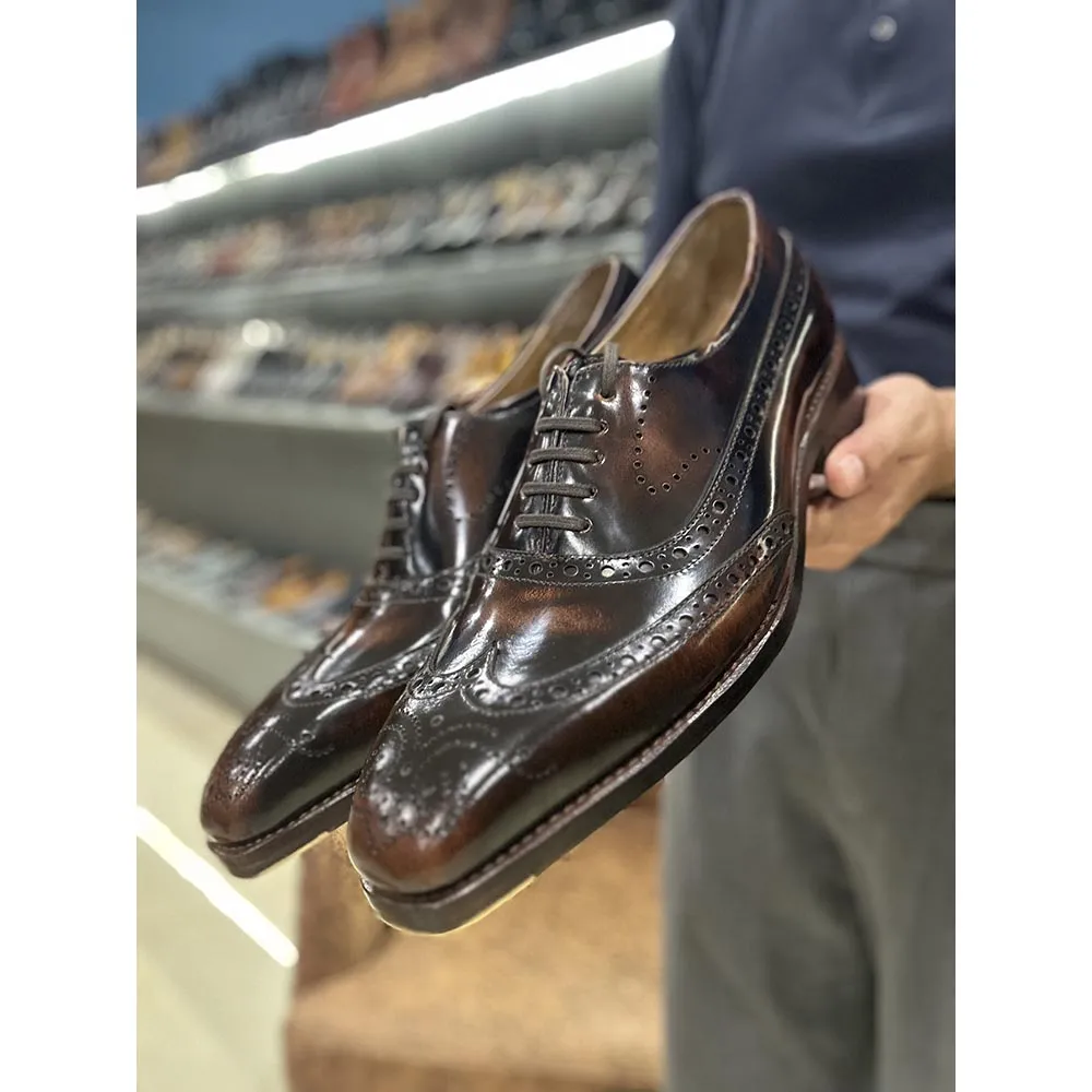 Tan Brushed Calf Goodyear Welted Full Brogue Square Toe Oxford With Goodyear Welted Fiddle Back Sole   Metal Toe