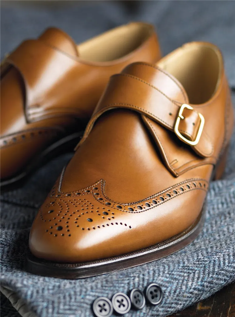 Tan Leather Wing Tip Brogue Monk Shoes for Men