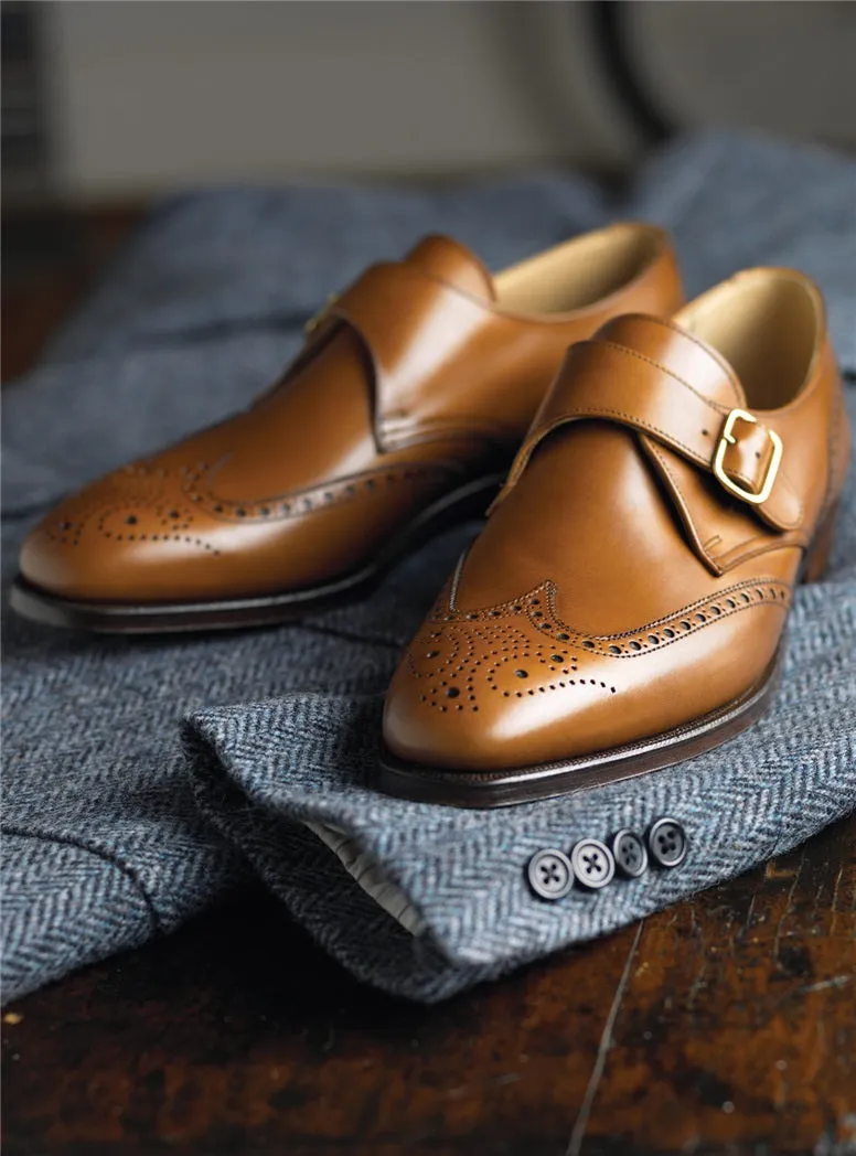 Tan Leather Wing Tip Brogue Monk Shoes for Men