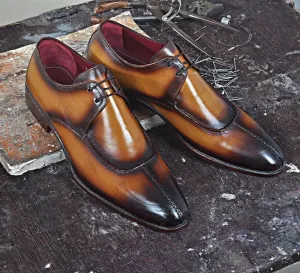 Two Tone Derby Shoes for Men - Tan Brown Burnish Leather