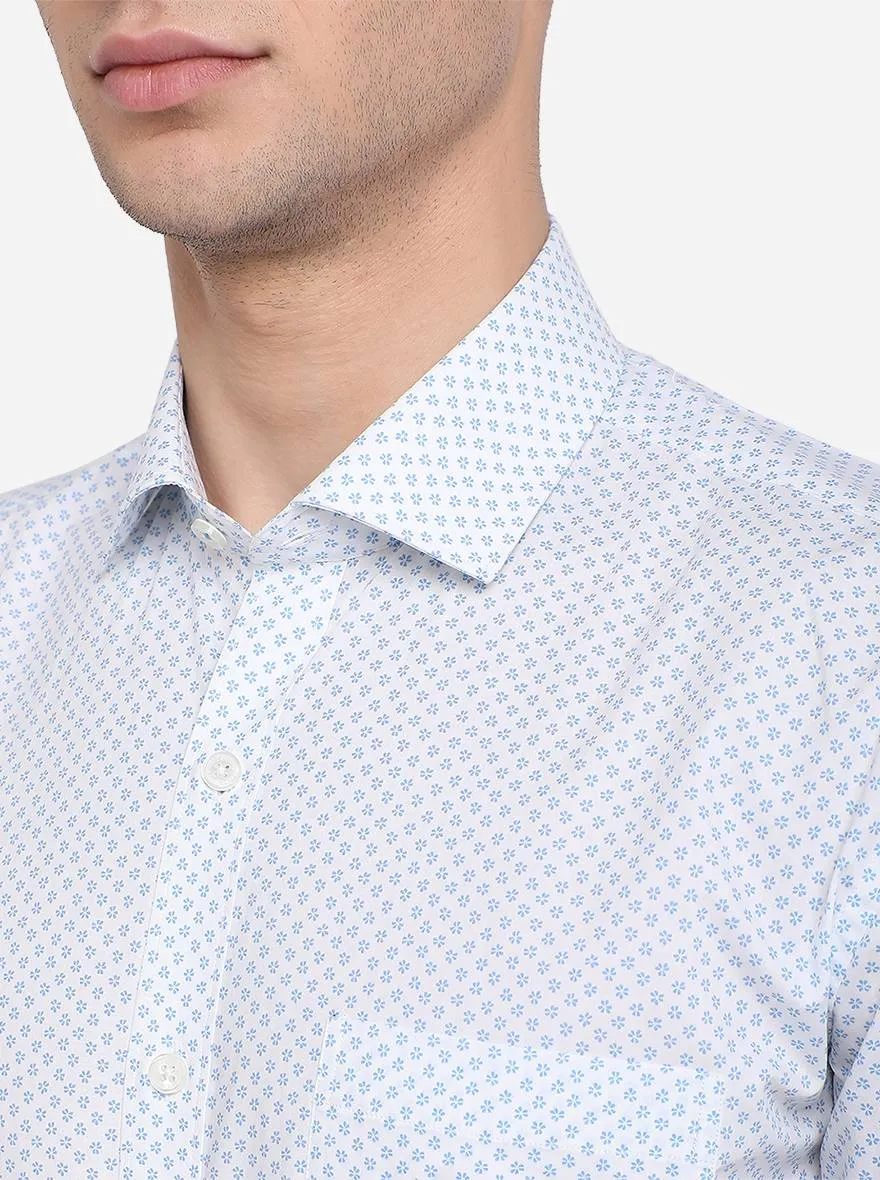White & Blue Printed Regular Fit Formal Shirt | JadeBlue