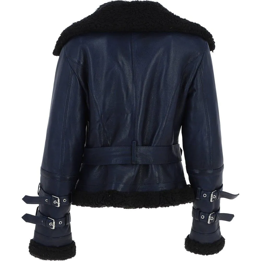 Women's Navy Faux Leather Shearling Aviator Jacket