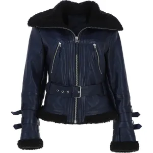 Women's Navy Faux Leather Shearling Aviator Jacket