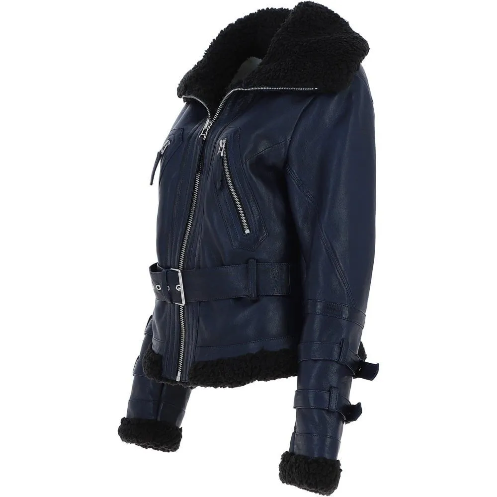 Women's Navy Faux Leather Shearling Aviator Jacket